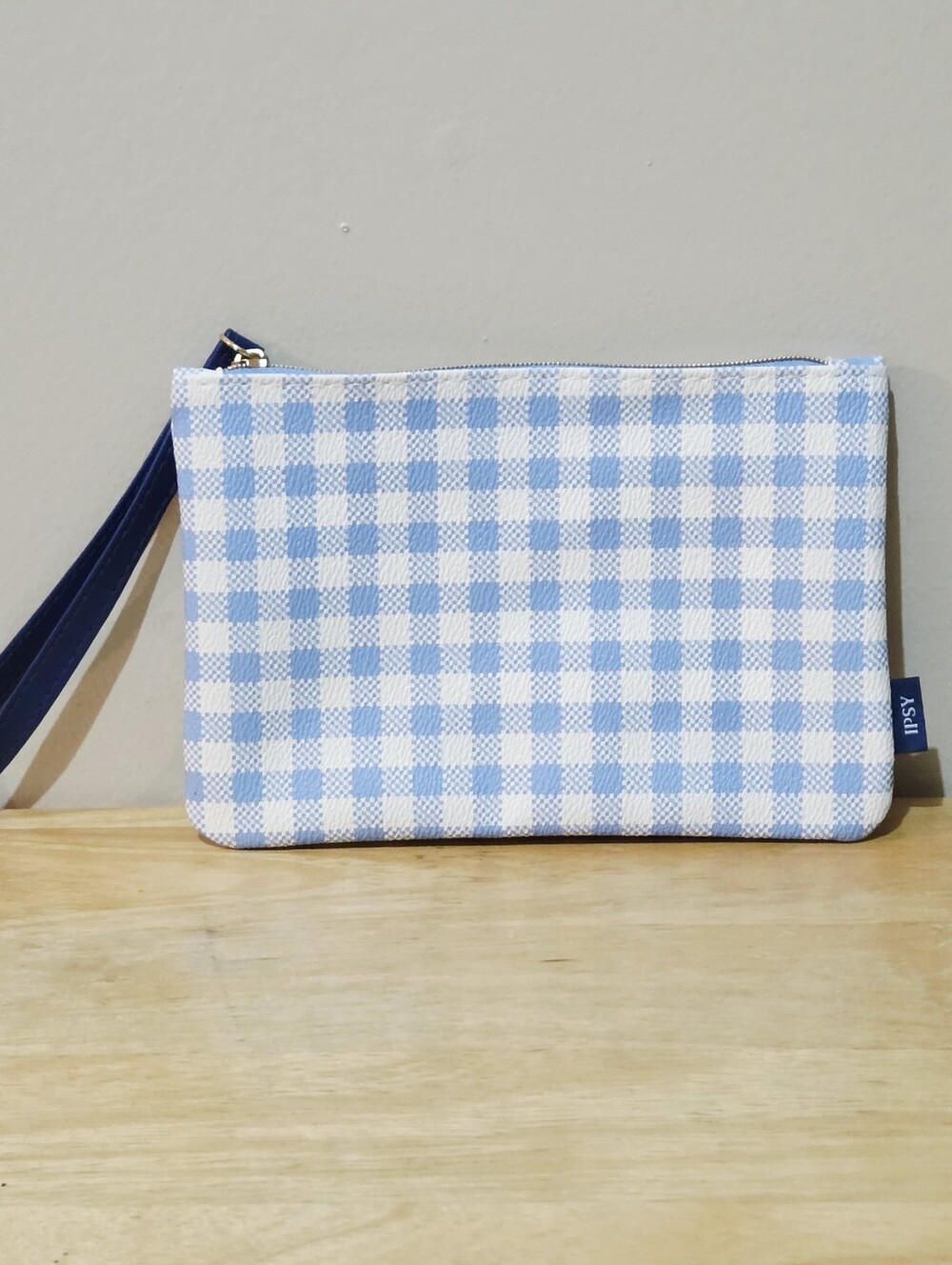 *4 for $20* Blue Gingham Pouch / Makeup Bag Wristlet
